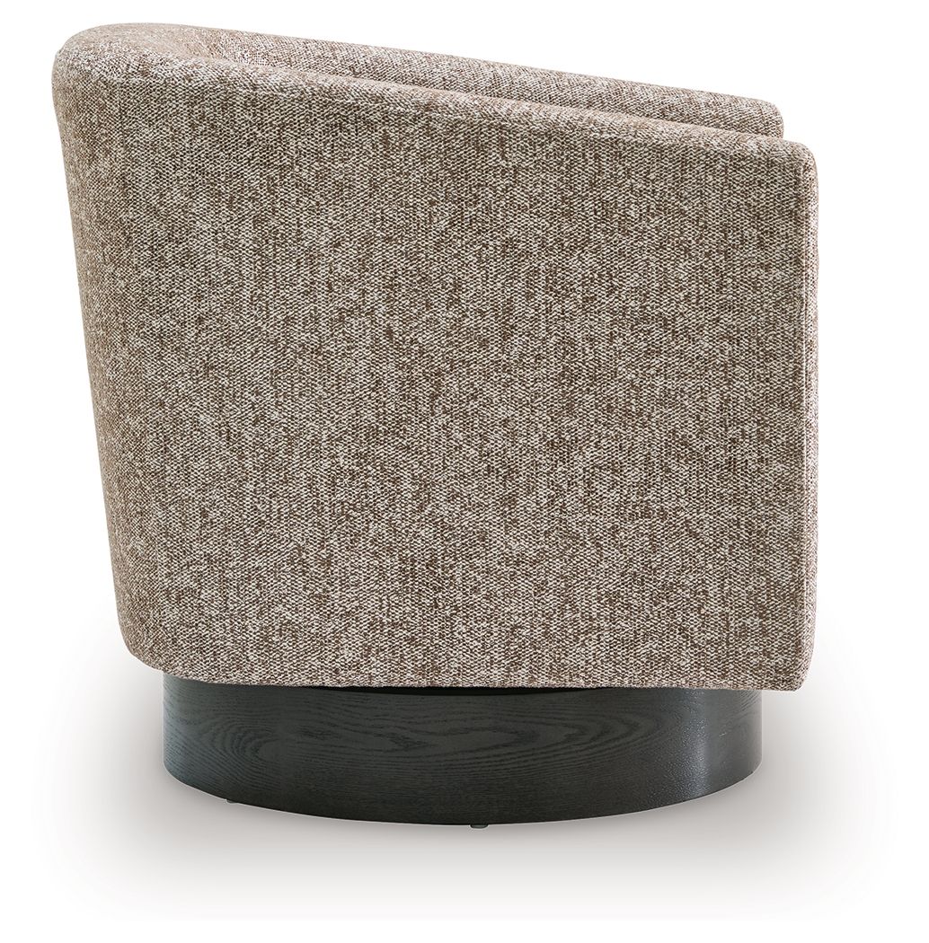Gray upholstered accent chair, side view with rounded back and black circular base