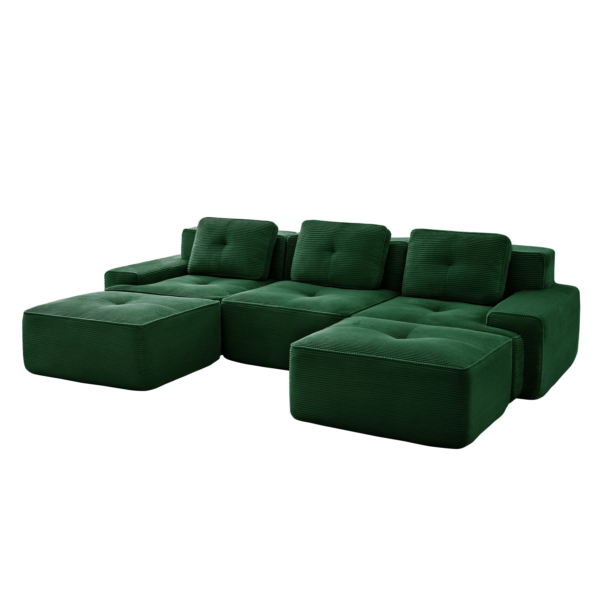 Green corduroy U-shaped sectional sofa with multiple chaise ottomans and squared back cushions