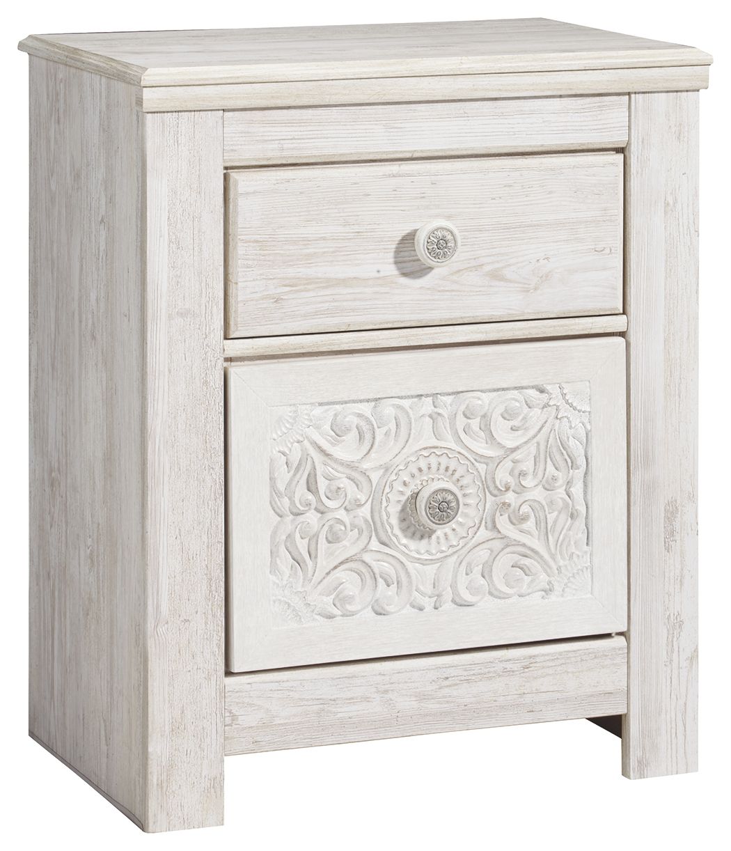 Whitewash wood nightstand with two drawers, round knobs, carved lower drawer front