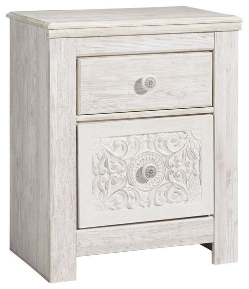 Whitewash wood nightstand with two drawers, round knobs, carved lower drawer front