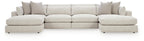 Beige sectional sofa with chaise ends and corner section, squared arms and back cushions