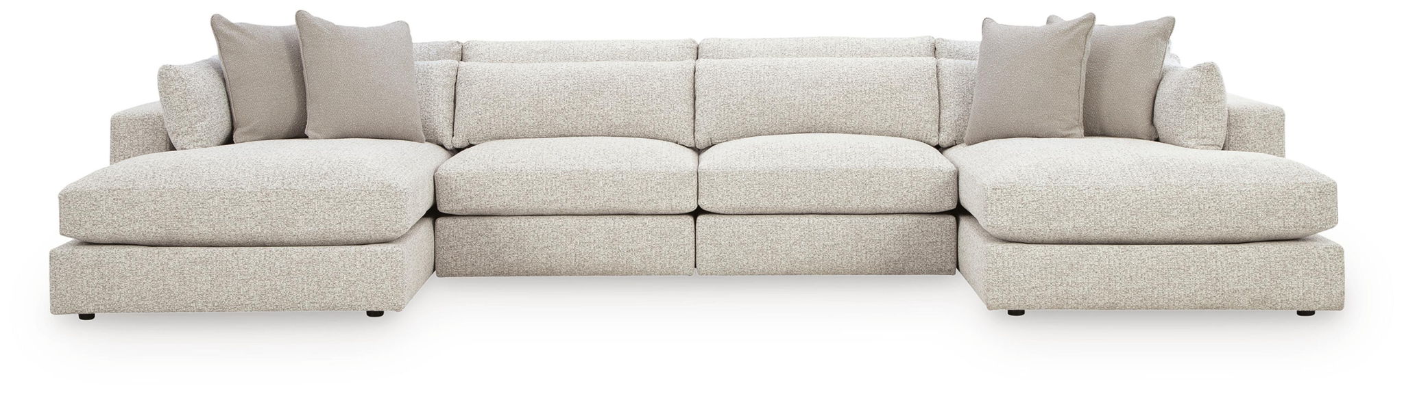 Beige sectional sofa with chaise ends and corner section, squared arms and back cushions