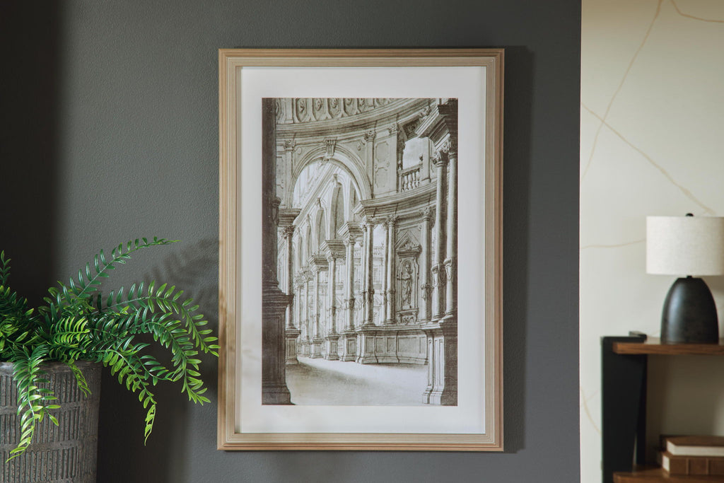 Framed architectural engraving wall art print with light wood frame