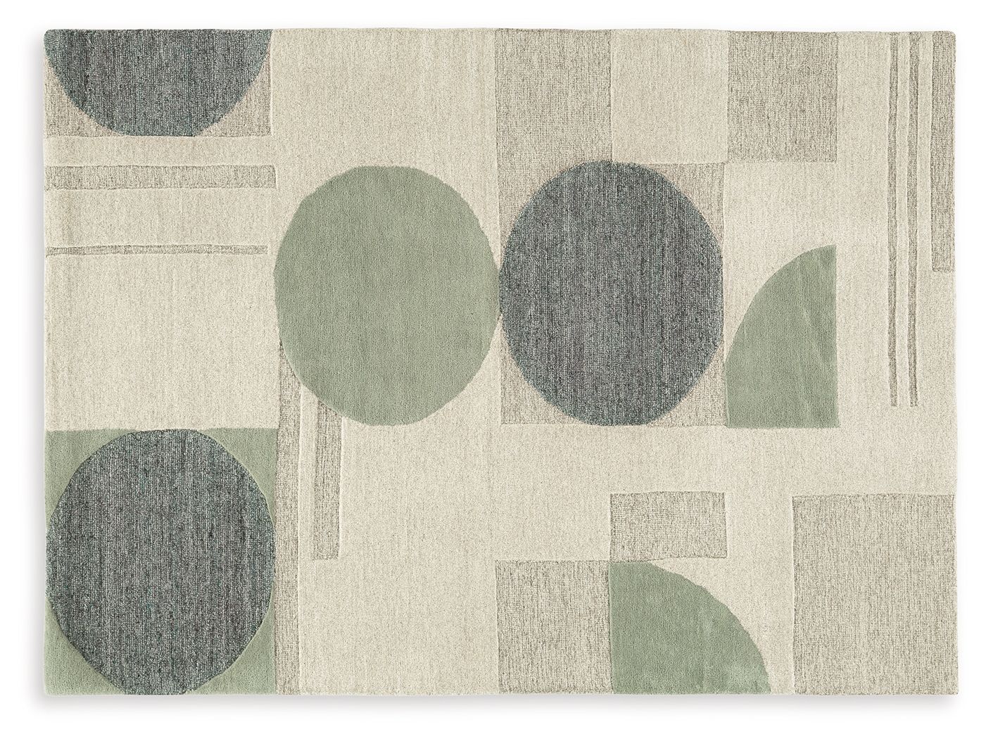 Beige area rug with scattered circles and rectangles in gray and sage accents