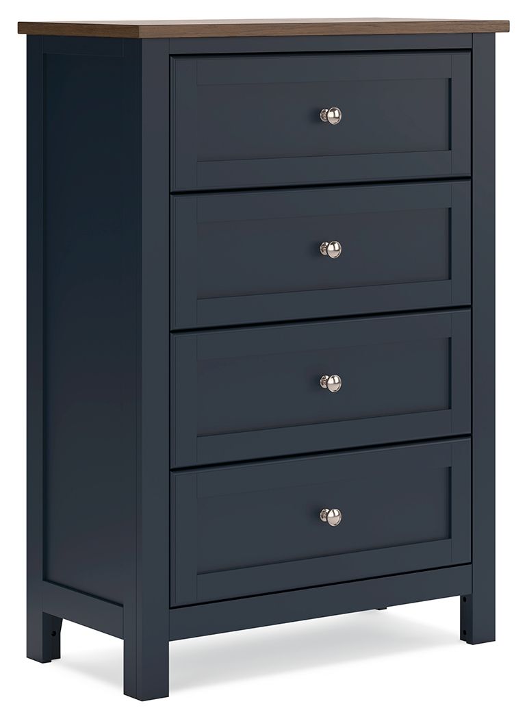 Four-drawer chest in dark blue with metal knob pulls and light wood top.