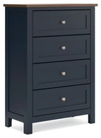 Four-drawer chest in dark blue with metal knob pulls and light wood top.