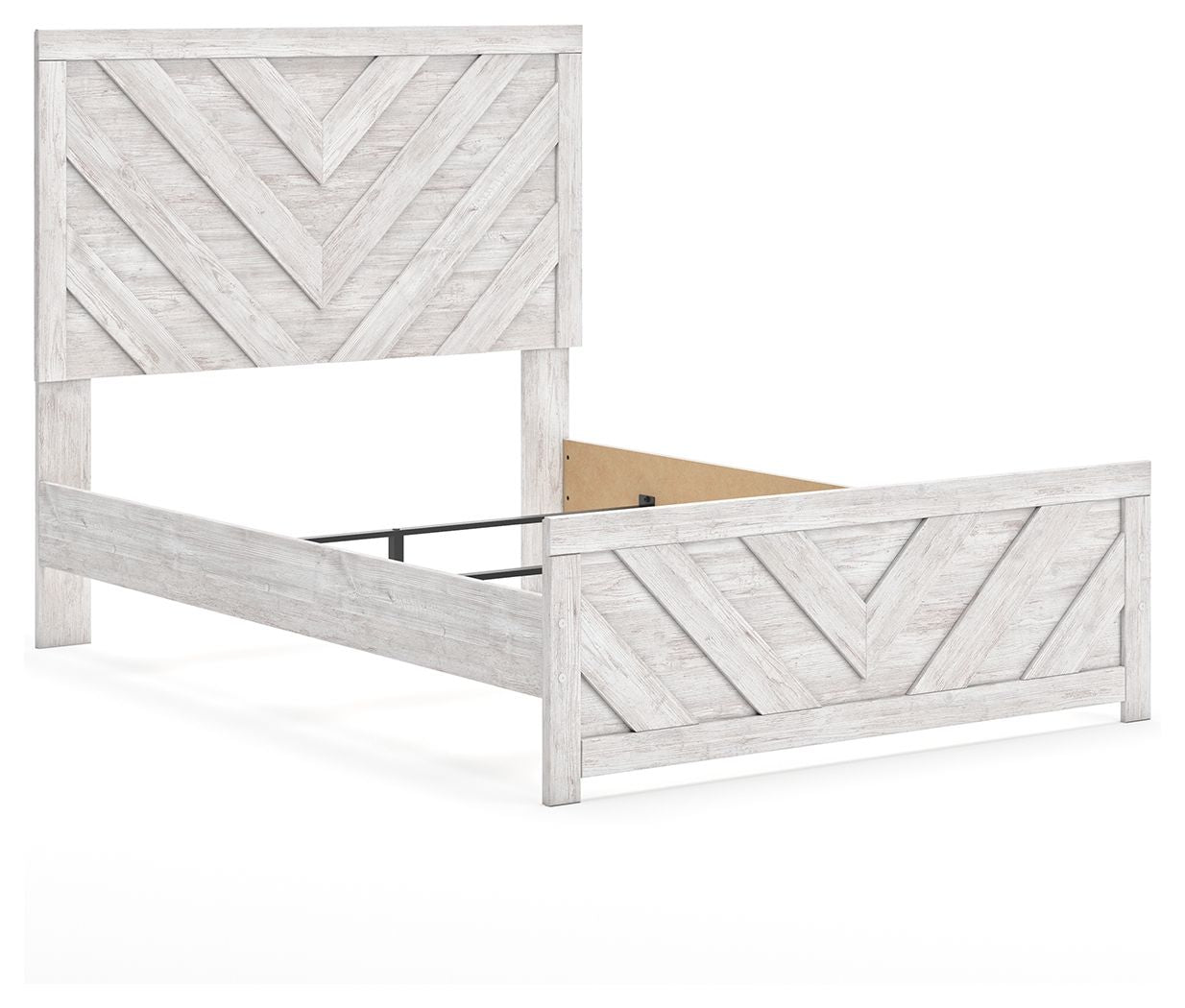 Light gray panel bed with chevron-pattern side rails and headboard, exposed slat base