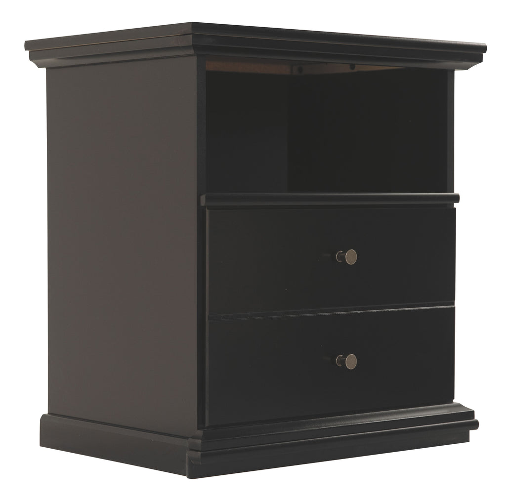 Black nightstand with two drawers, round knobs, and molded base trim