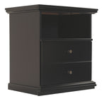 Black nightstand with two drawers, round knobs, and molded base trim