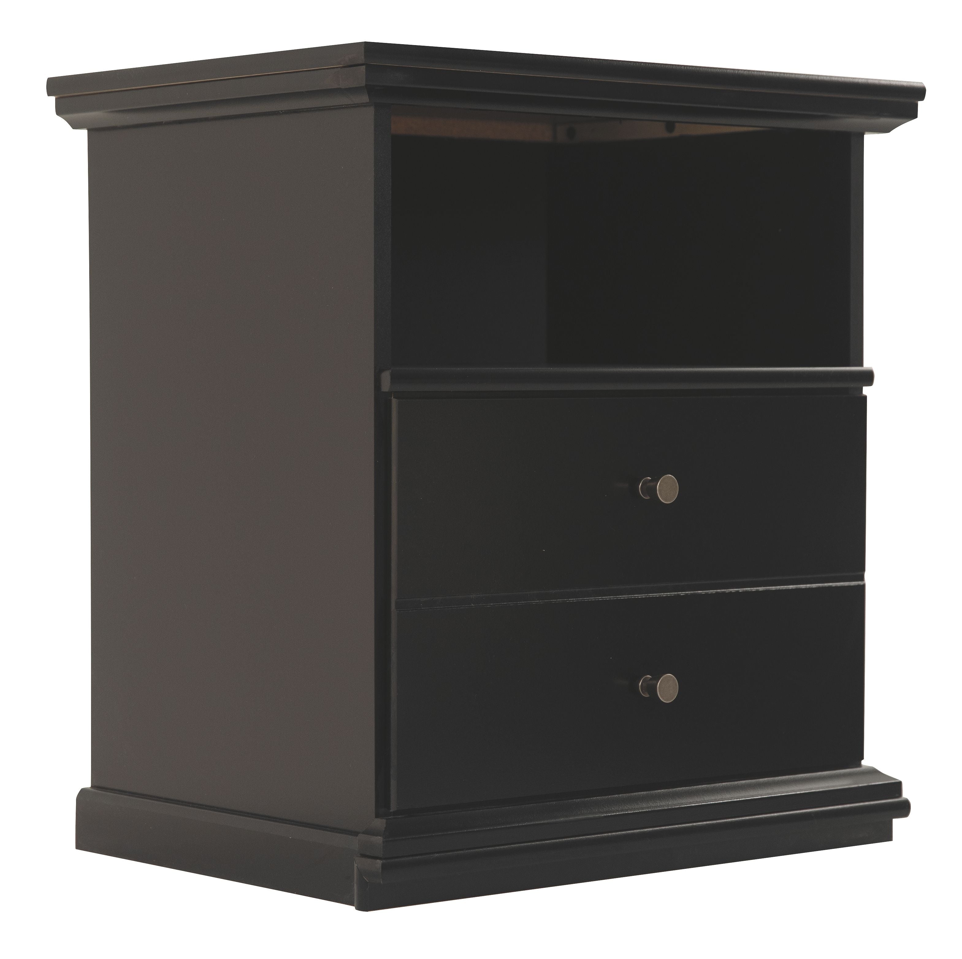 Black nightstand with two drawers, round knobs, and molded base trim