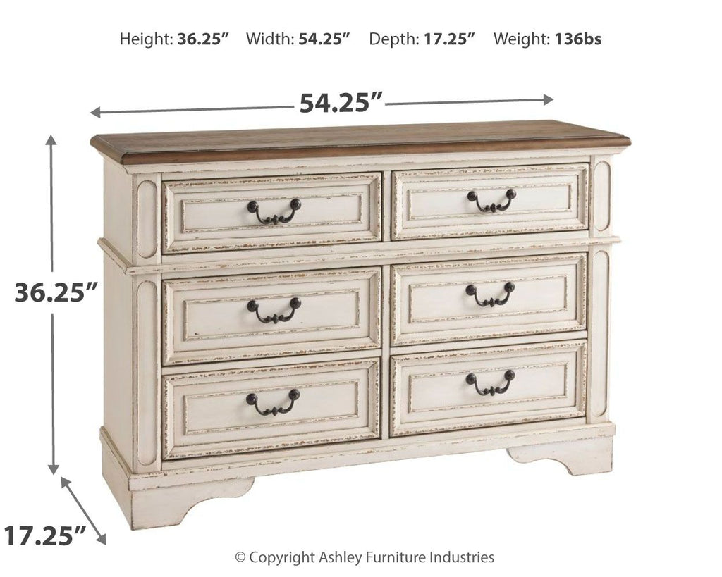 Two-tone dresser with six drawers and dark metal cup handles, side panel view.