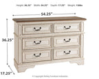 Two-tone dresser with six drawers and dark metal cup handles, side panel view.