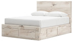Light beige panel storage bed with side drawer panels and upholstered mattress platform