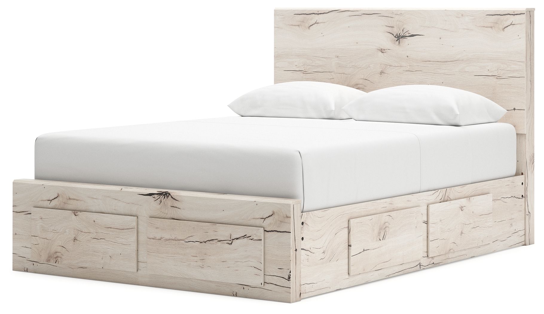 Light beige panel storage bed with side drawer panels and upholstered mattress platform