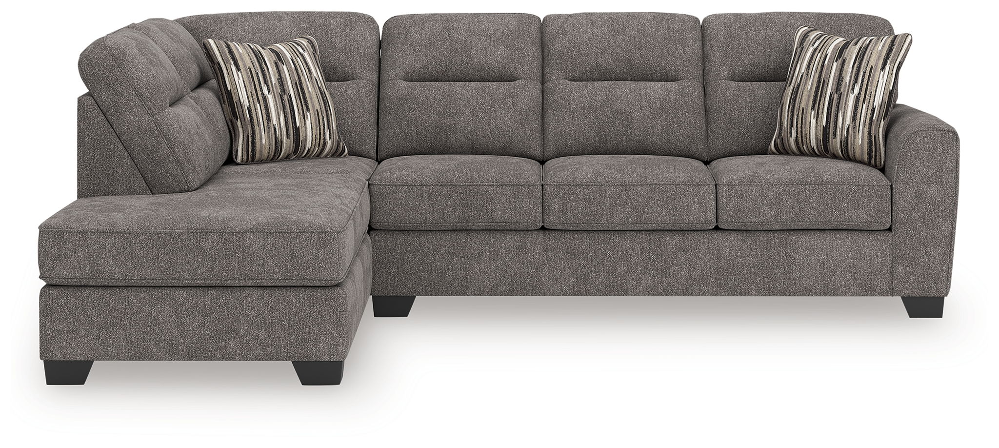 Dark gray 2-piece sectional sofa with left chaise, tufted back, and two striped throw pillows
