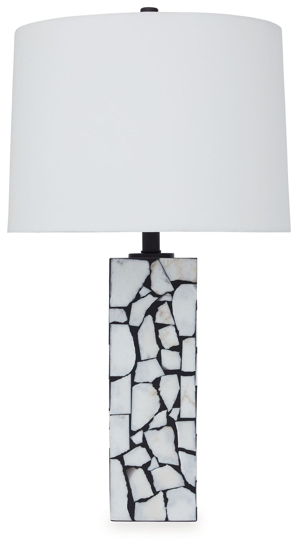 White table lamp with fabric shade and marble mosaic base, white and black
