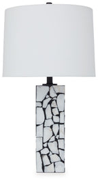 White table lamp with fabric shade and marble mosaic base, white and black