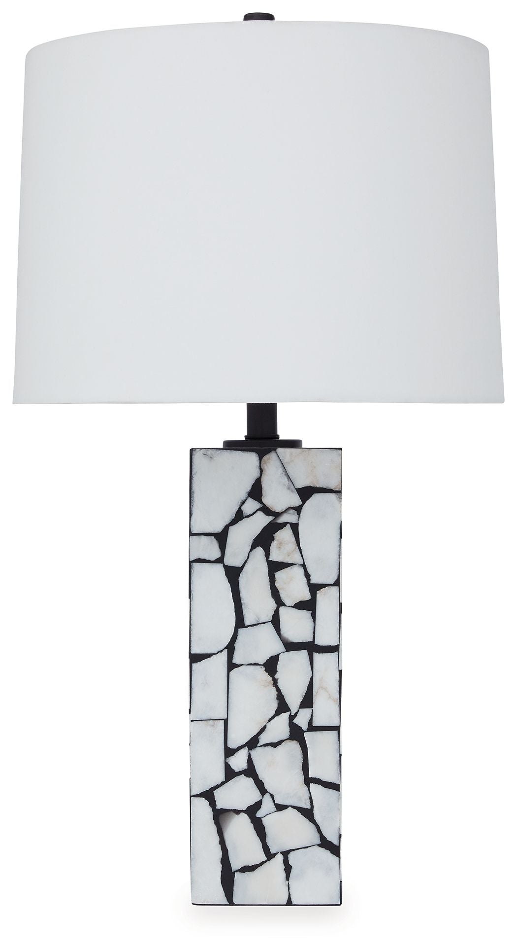 White table lamp with fabric shade and marble mosaic base, white and black
