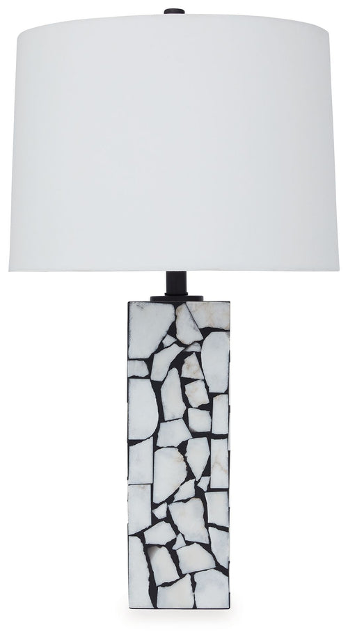 White table lamp with fabric shade and marble mosaic base, white and black