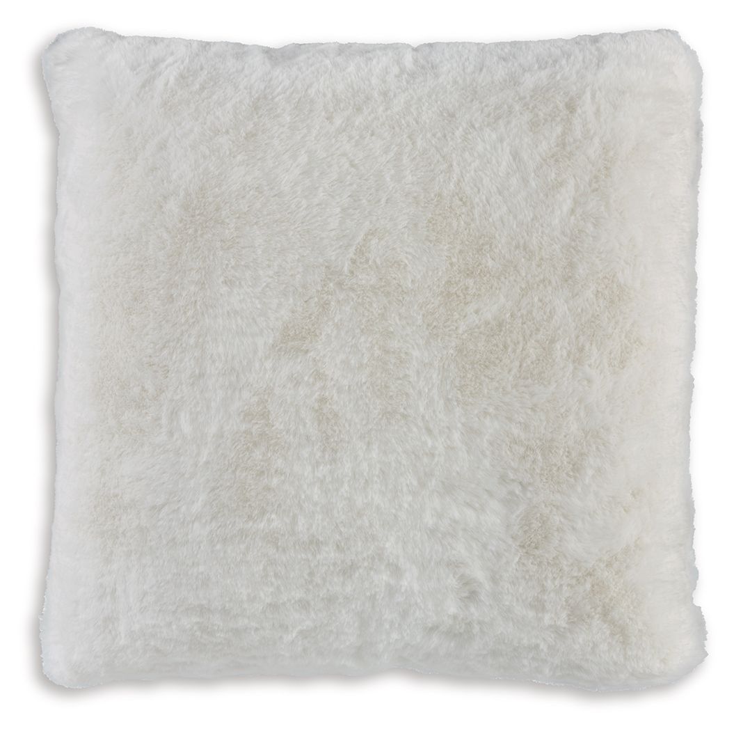 White faux fur pillow, square with plush shag texture.