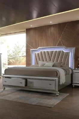 Kaitlyn Queen Bed - Synthetic Leather, Champagne Finish, LED & Storage