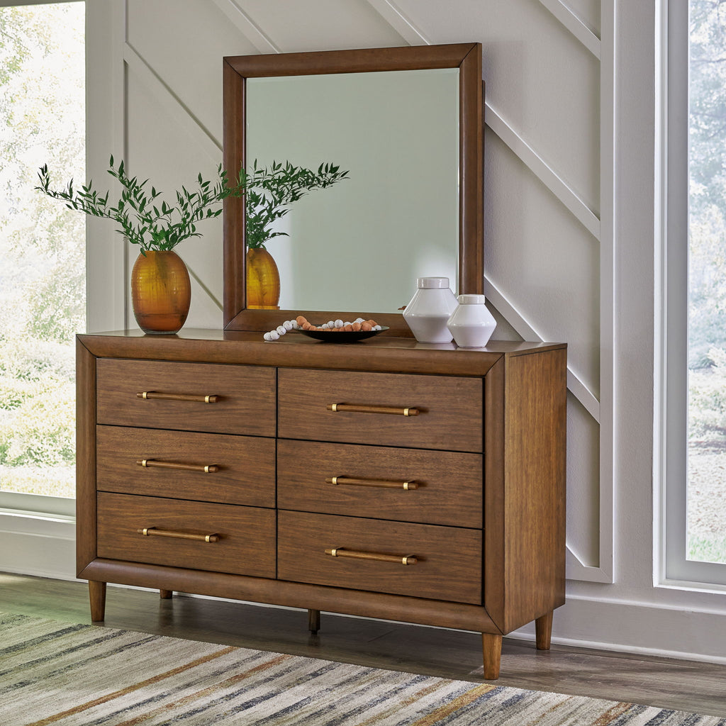 Upholstered bedroom dresser with mirror, dark brown wood drawers and brass pulls