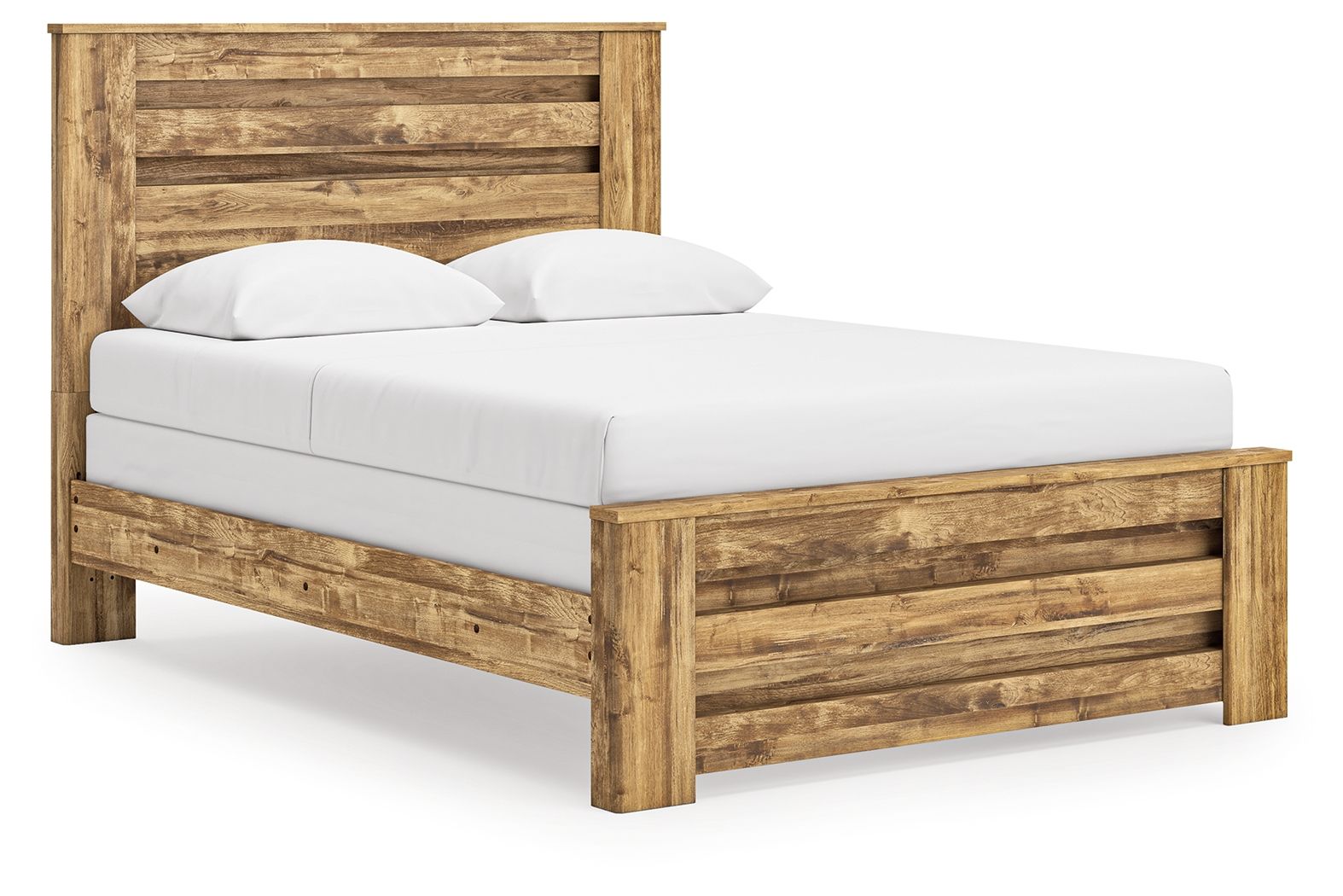 Light brown panel bed with raised headboard and footboard, white upholstered mattress