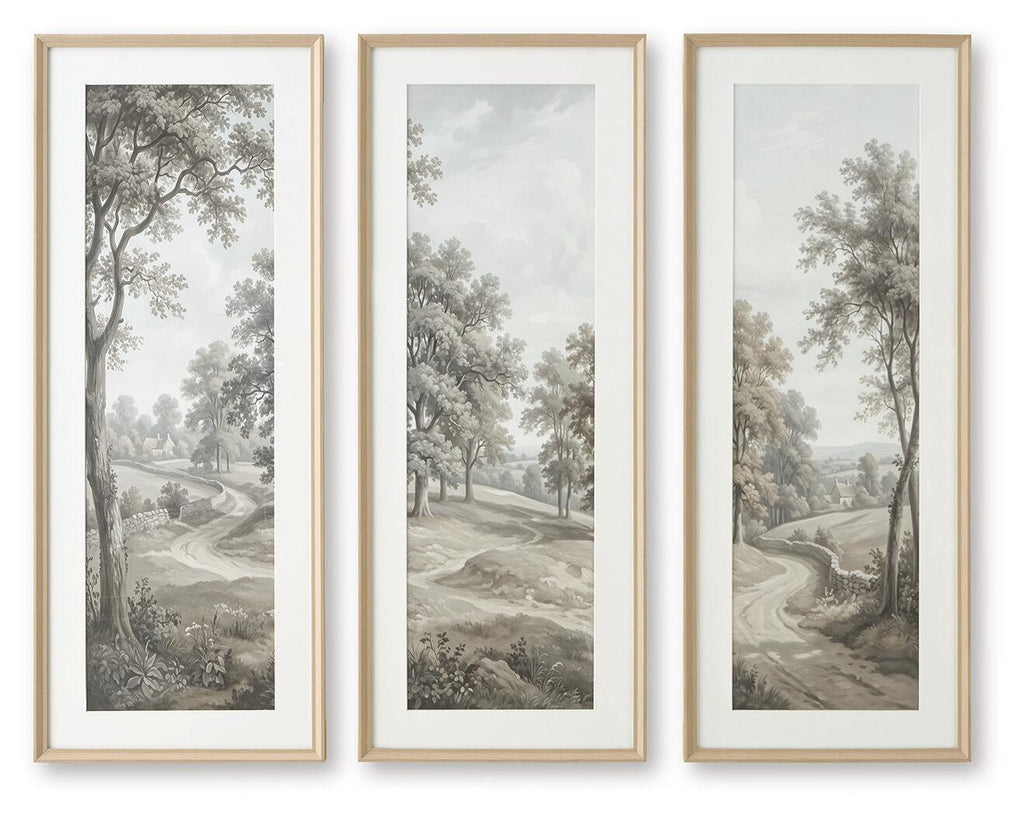 Set of three framed wall art prints, gray landscape scenes with trees and winding paths