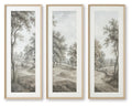 Set of three framed wall art prints, gray landscape scenes with trees and winding paths