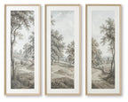 Set of three framed wall art prints, gray landscape scenes with trees and winding paths