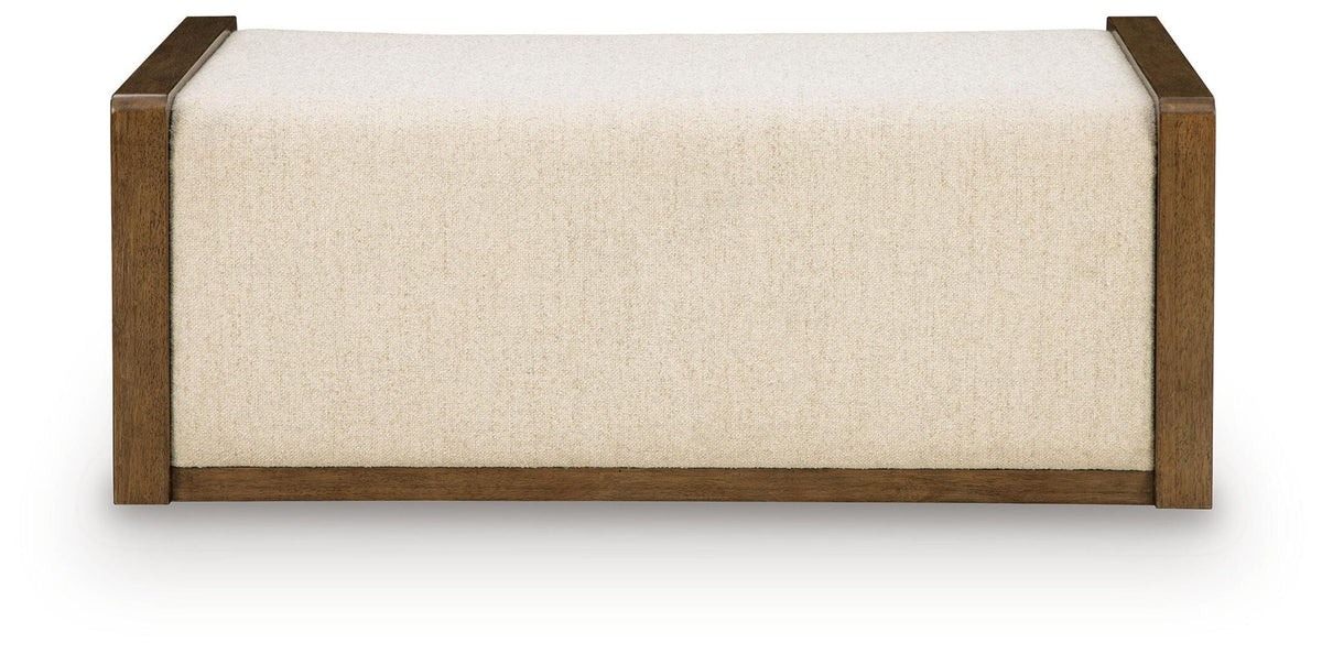 Beige upholstered ottoman with brown wooden frame and clean-lined base