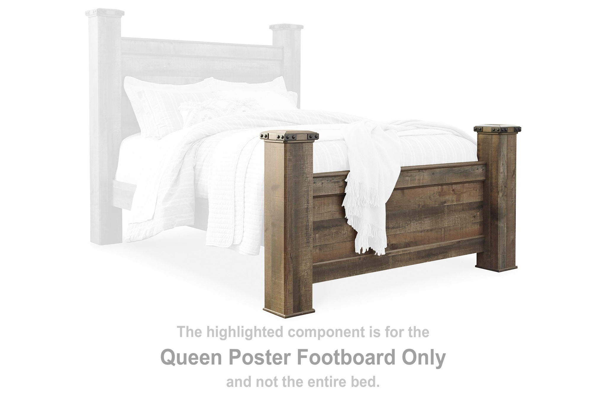 Brown wooden queen poster bed footboard with slatted panels and turned posts