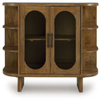 Light brown accent cabinet with two oval door openings and two handles
