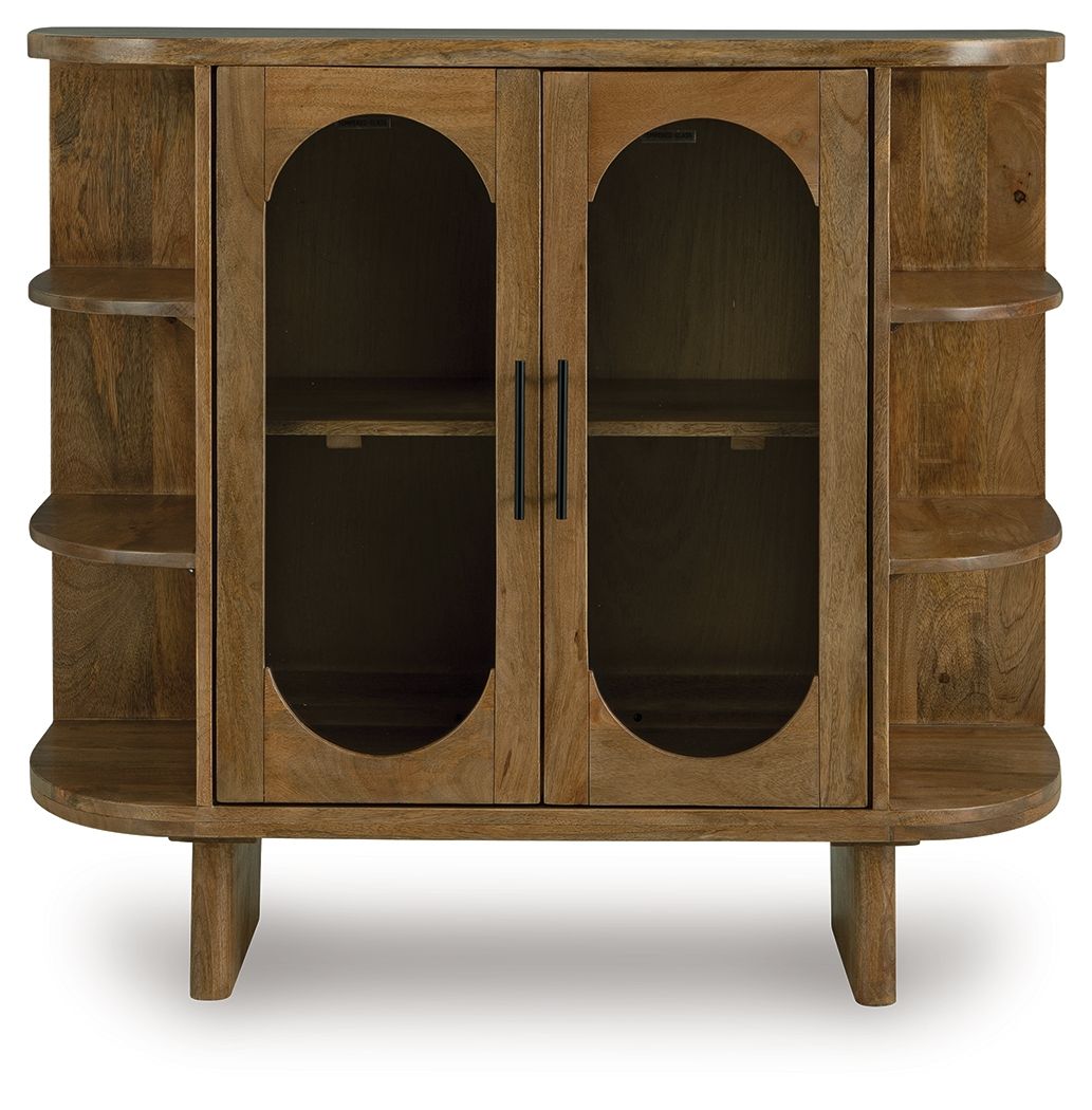 Light brown accent cabinet with two oval door openings and two handles