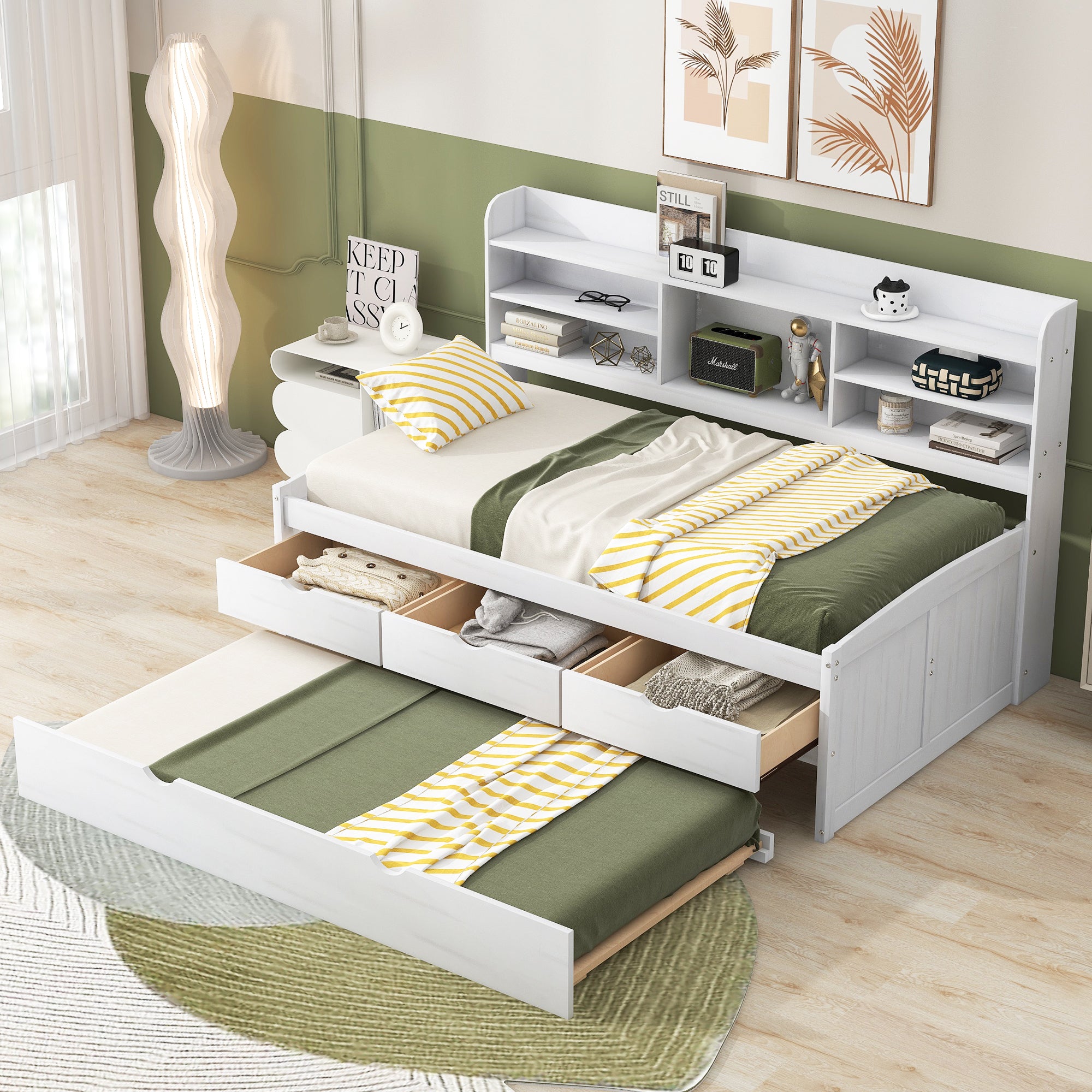 Twin Wooden Captain Bed: Bookshelves, 3 Drawers, Trundle, White Wash
