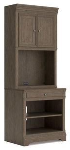 Weathered gray bookcase with two cabinet doors, open shelves, and middle drawer