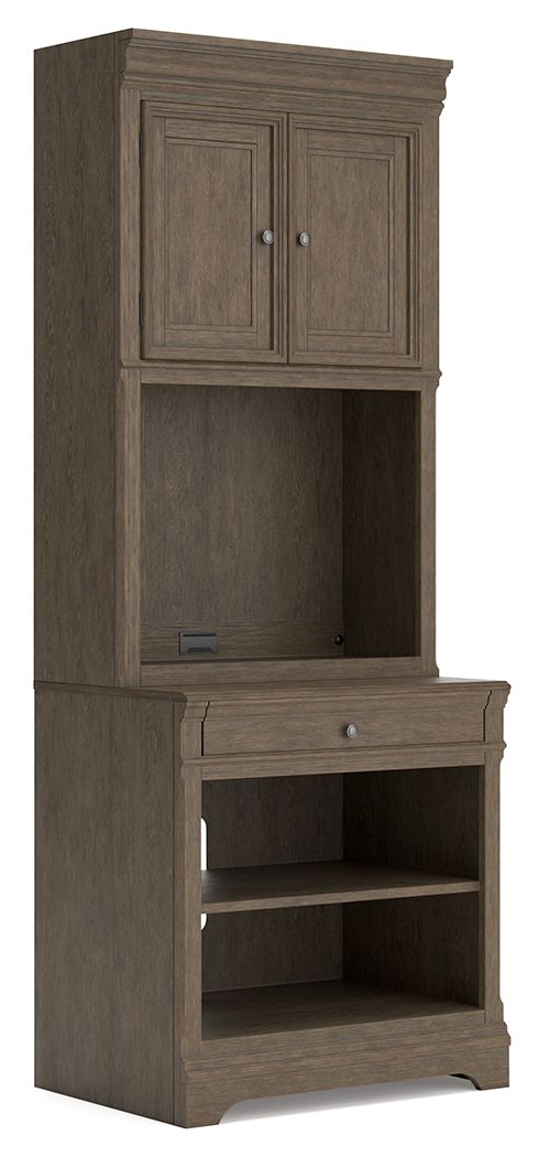Weathered gray bookcase with two cabinet doors, open shelves, and middle drawer