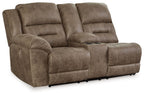 Power reclining loveseat with console in fossil brown, padded armrests and double seats