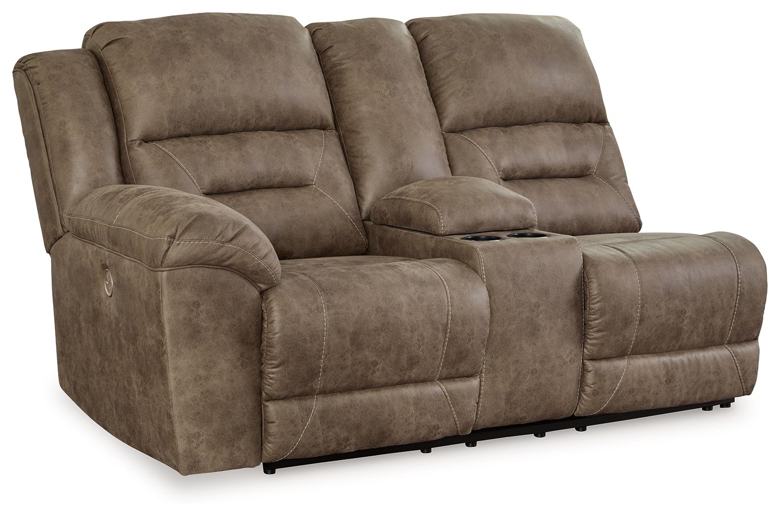 Power reclining loveseat with console in fossil brown, padded armrests and double seats