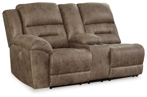 Power reclining loveseat with console in fossil brown, padded armrests and double seats