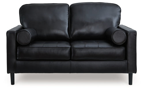 Onyx loveseat with two-seat cushions, rounded arms, and dark upholstery