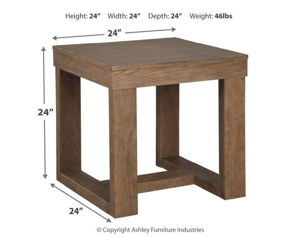 Cariton square end table, side view with dimensions 24 in and open bottom shelf