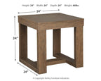 Cariton square end table, side view with dimensions 24 in and open bottom shelf
