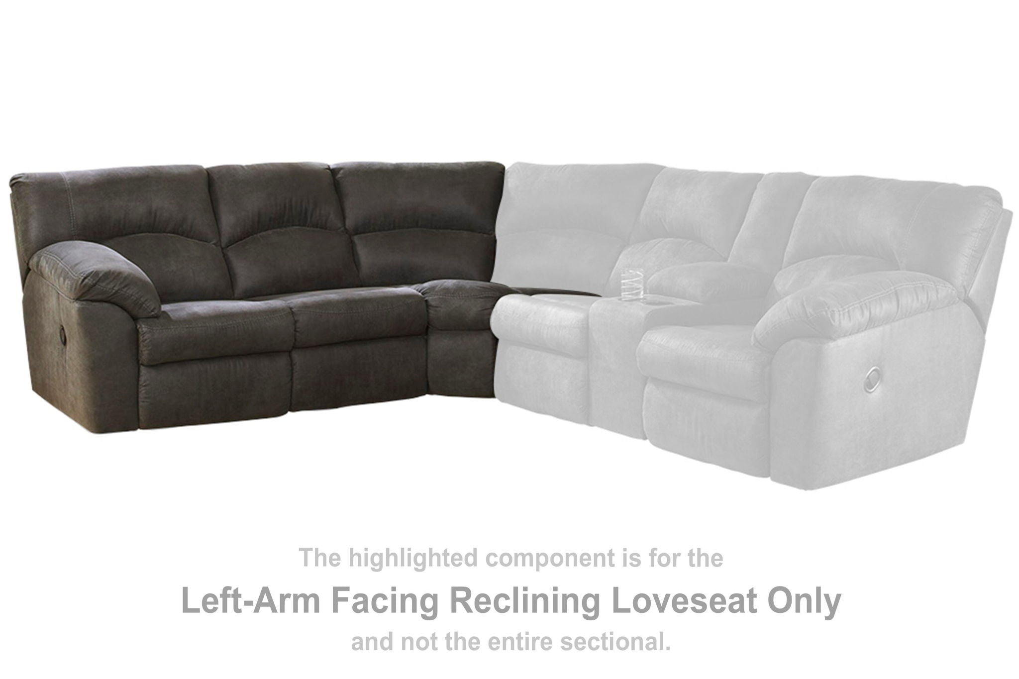Pewter reclining loveseat with left arm facing chaise-style seat