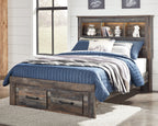 Panel bookcase bed with under-drawer storage, dark wood frame, blue blanket, open back shelf