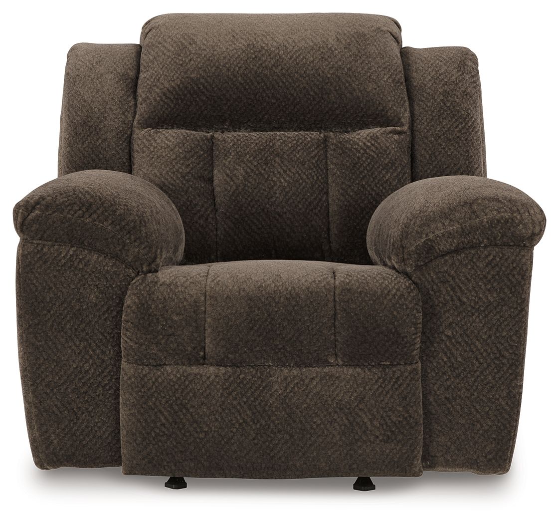 Chocolate fabric rocker recliner chair with rounded arms and cushioned seat