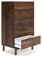 Mocha wood accent drawer chest with brass bar handles and open lower drawer, side view