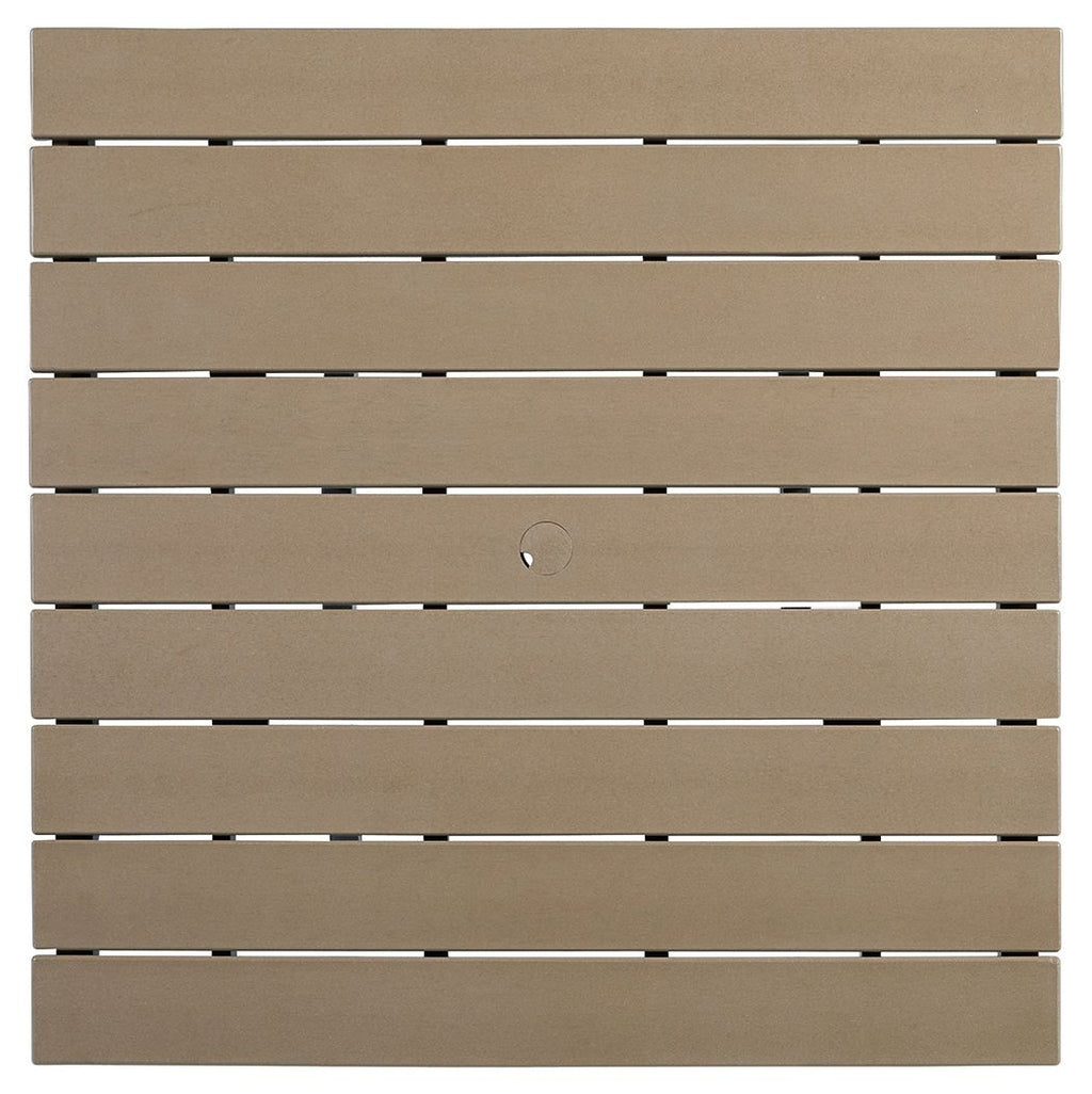 Driftwood slatted counter dining table top with dark frame, five pieces