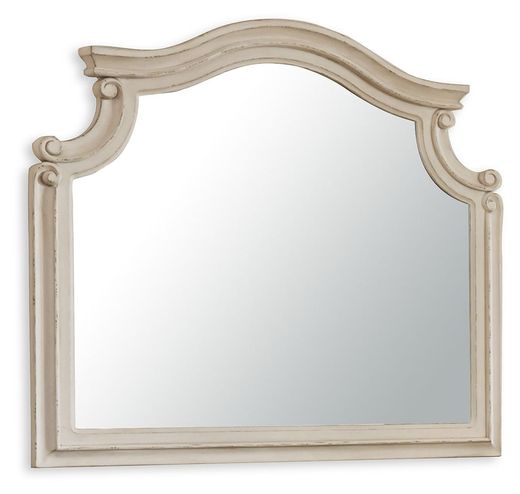 Bedroom mirror with ornate arched top, chipped white frame, rectangular glass
