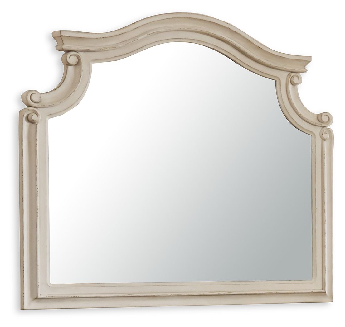 Bedroom mirror with ornate arched top, chipped white frame, rectangular glass